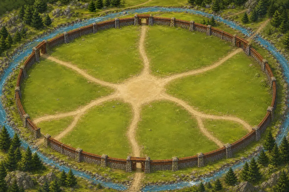 Travora village planner showing a Travian village with upgradeable buildings and their levels
